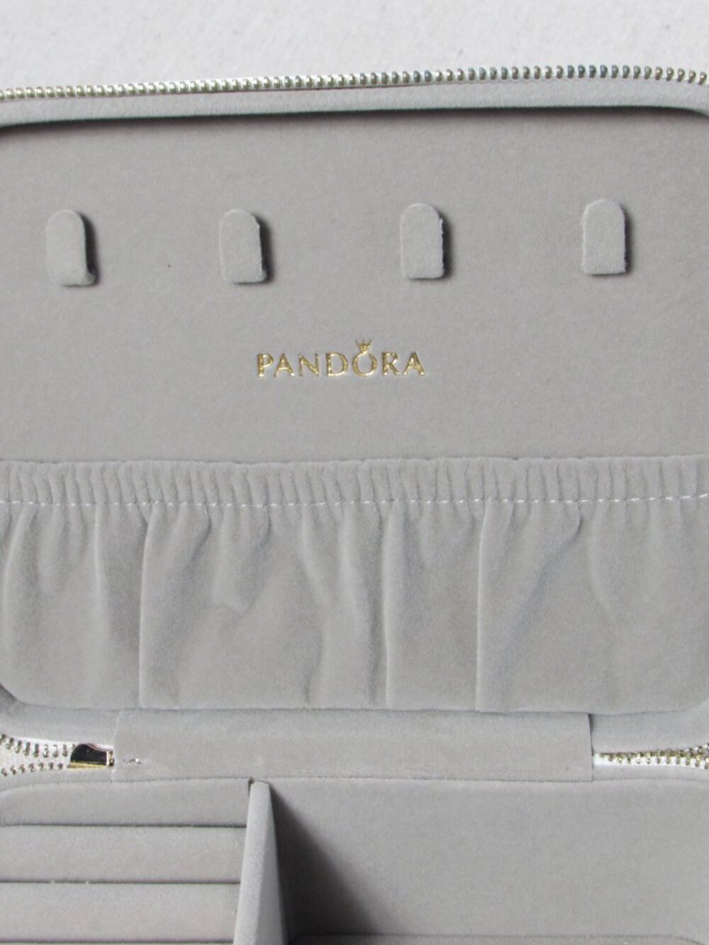 Pandora White Travel Jewelry Box Embossed Floral Gold Zipper Gray Velvet Lining - Picture 10 of 16